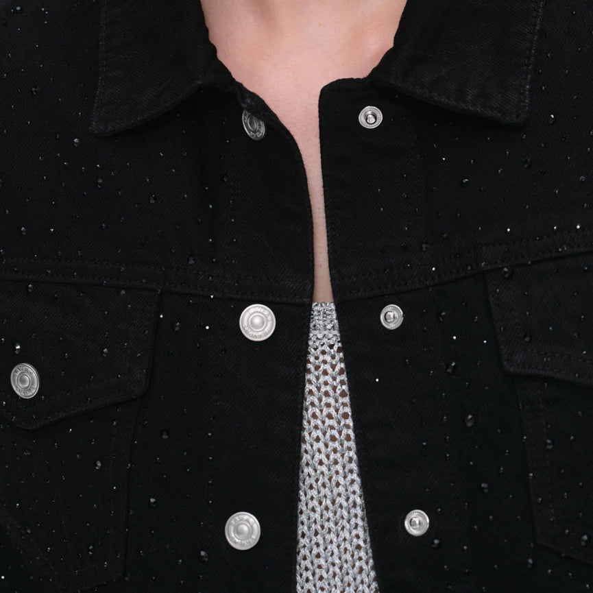 Long Sleeve Denim Jacket with Rhinestones-Jacket-BAYEAS-XS-BLACK-Urbanheer