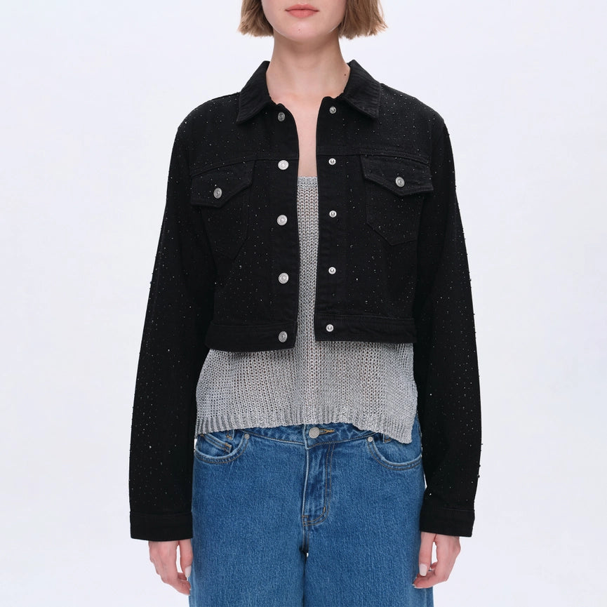 Long Sleeve Denim Jacket with Rhinestones-Jacket-BAYEAS-XS-BLACK-Urbanheer