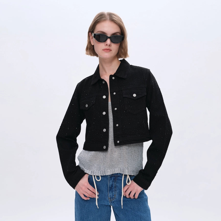 Long Sleeve Denim Jacket with Rhinestones-Jacket-BAYEAS-XS-BLACK-Urbanheer