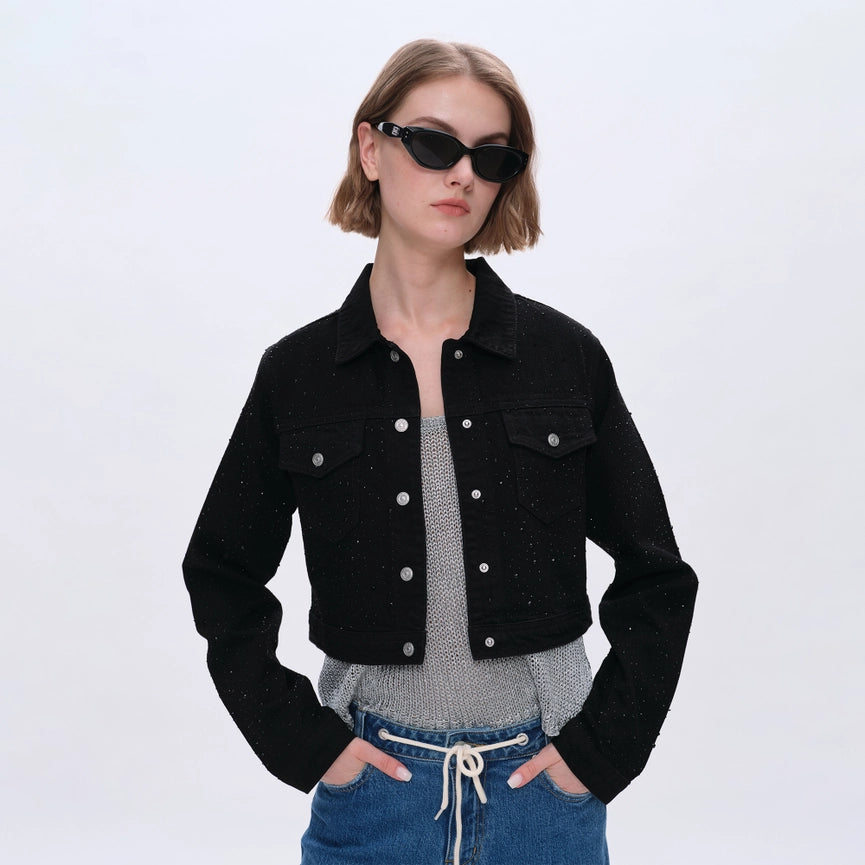Long Sleeve Denim Jacket with Rhinestones-Jacket-BAYEAS-XS-BLACK-Urbanheer