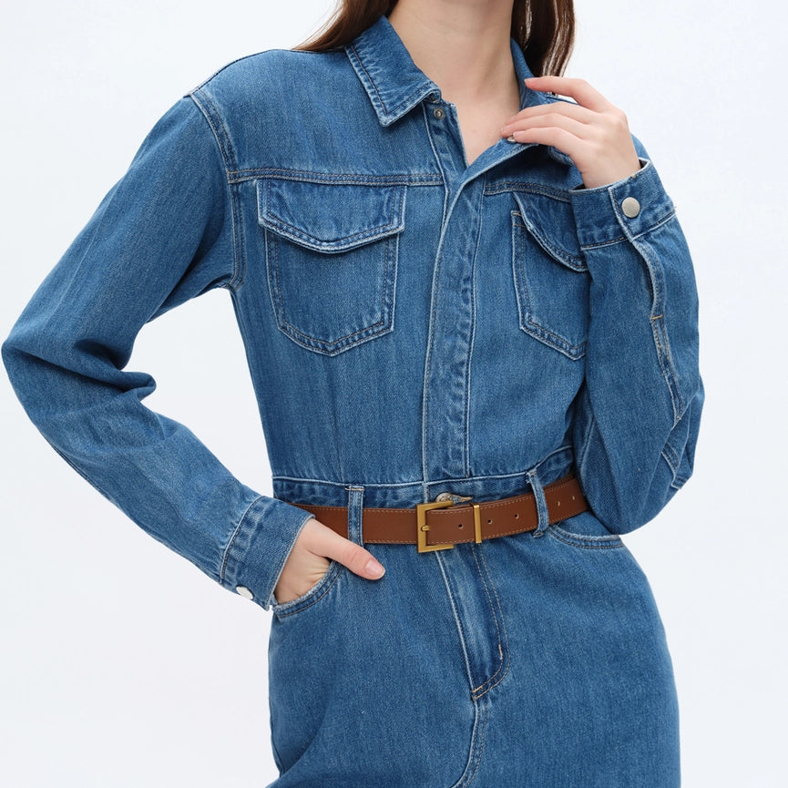 Long Sleeve Denim Shirt Dress MEDIUM BLUE-Dress-BAYEAS-XS-MEDIUM BLUE-Urbanheer