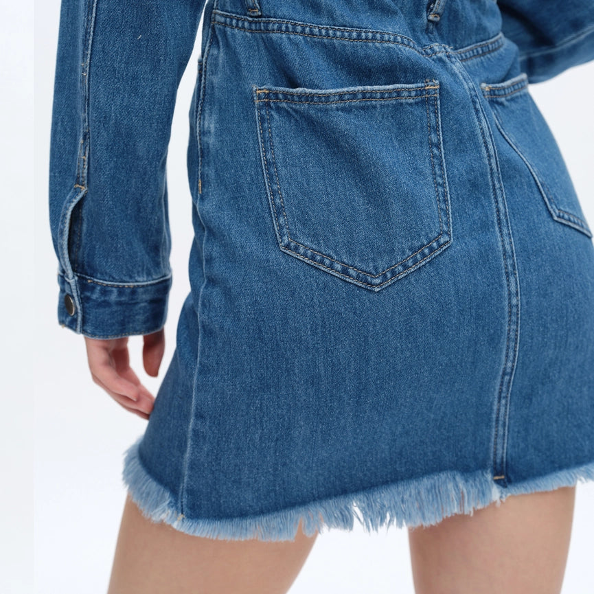 Long Sleeve Denim Shirt Dress MEDIUM BLUE-Dress-BAYEAS-XS-MEDIUM BLUE-Urbanheer