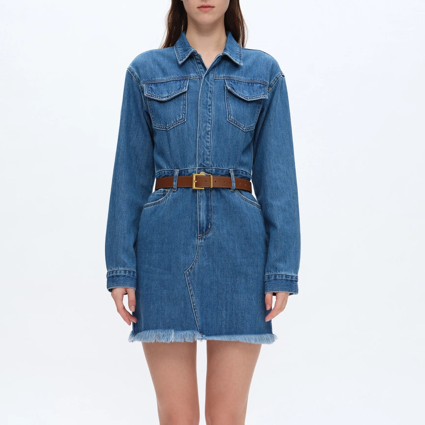 Long Sleeve Denim Shirt Dress MEDIUM BLUE-Dress-BAYEAS-XS-MEDIUM BLUE-Urbanheer