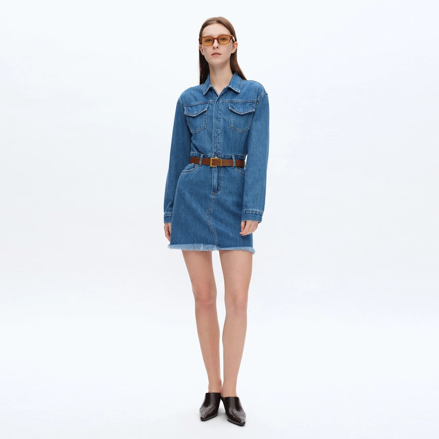 Long Sleeve Denim Shirt Dress MEDIUM BLUE-Dress-BAYEAS-XS-MEDIUM BLUE-Urbanheer