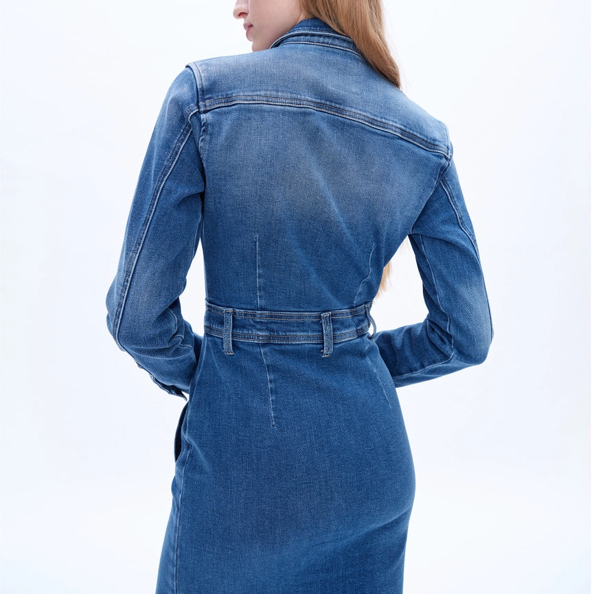 Long Sleeve Denim Shirt Dress with Button Placket-Dress-BAYEAS-XS-DEEP SEA-Urbanheer