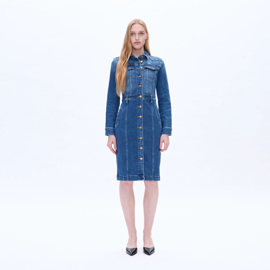 Long Sleeve Denim Shirt Dress with Button Placket-Dress-BAYEAS-XS-DEEP SEA-Urbanheer