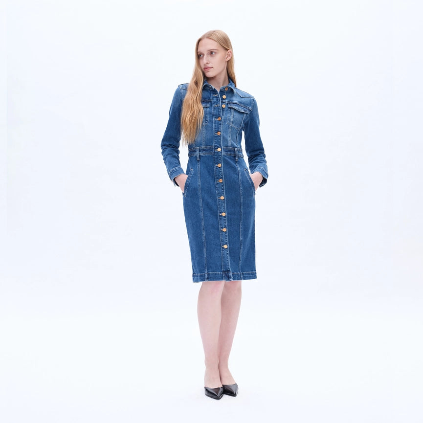 Long Sleeve Denim Shirt Dress with Button Placket-Dress-BAYEAS-XS-DEEP SEA-Urbanheer