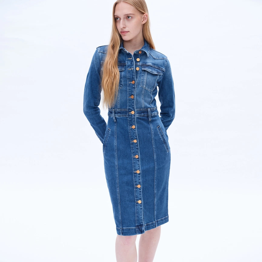 Long Sleeve Denim Shirt Dress with Button Placket-Dress-BAYEAS-XS-DEEP SEA-Urbanheer
