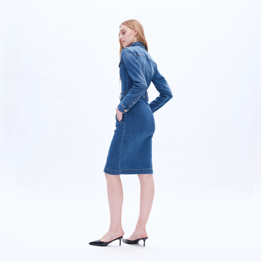 Long Sleeve Denim Shirt Dress with Button Placket-Dress-BAYEAS-XS-DEEP SEA-Urbanheer