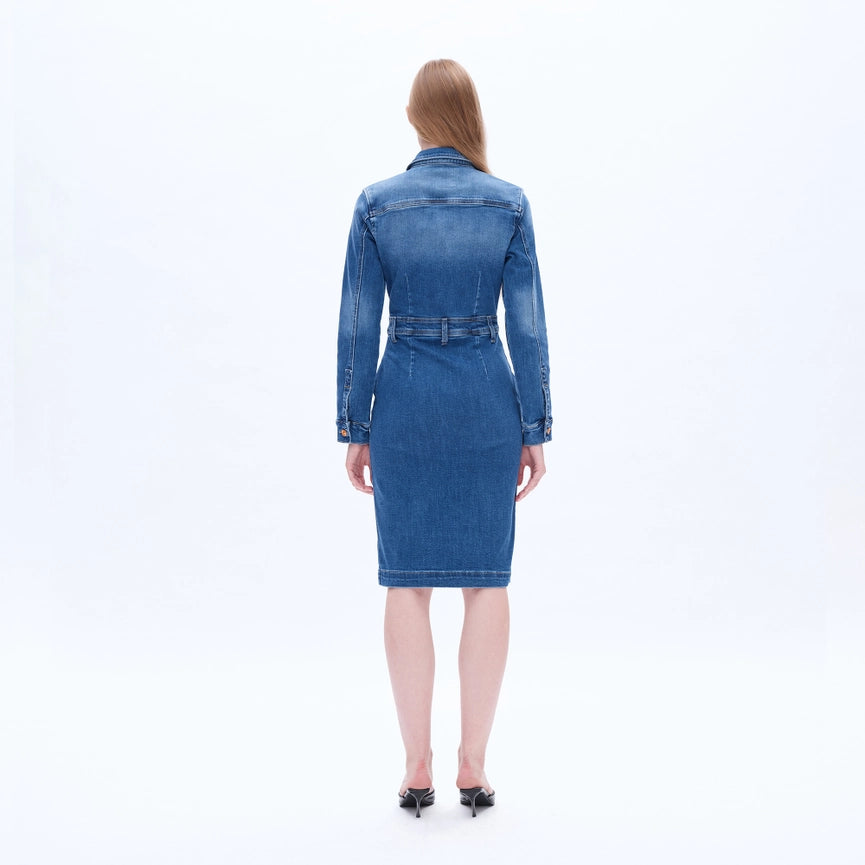 Long Sleeve Denim Shirt Dress with Button Placket-Dress-BAYEAS-XS-DEEP SEA-Urbanheer