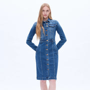 Long Sleeve Denim Shirt Dress with Button Placket-Dress-BAYEAS-XS-DEEP SEA-Urbanheer