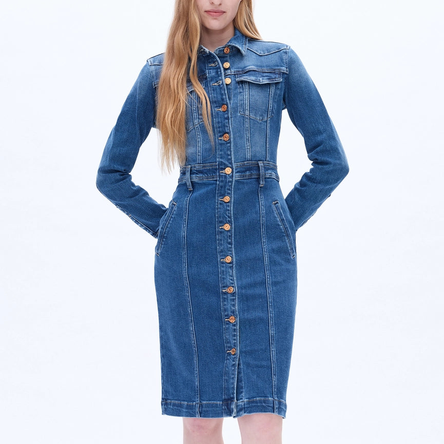 Long Sleeve Denim Shirt Dress with Button Placket-Dress-BAYEAS-XS-DEEP SEA-Urbanheer