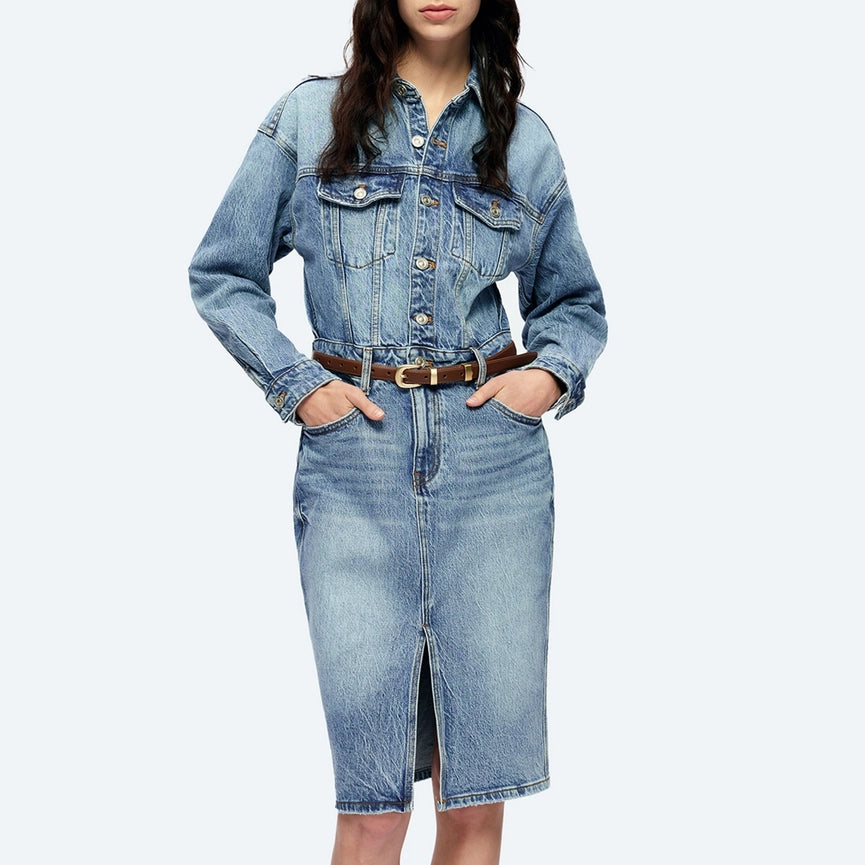 Long Sleeve Denim Shirt Dress(Finished Hem,Slit)-Dress-BAYEAS-XS-ISLAND-Urbanheer