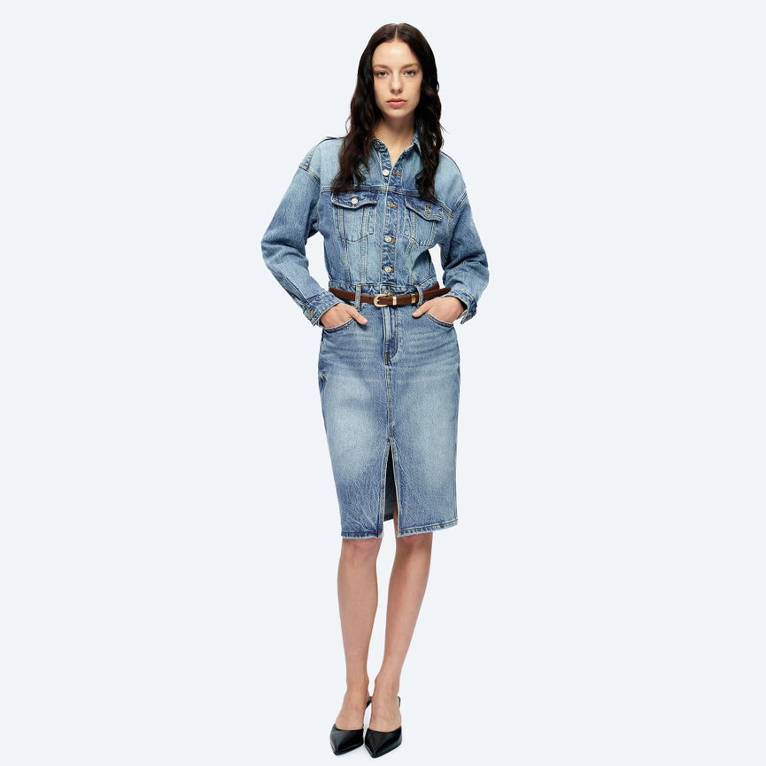 Long Sleeve Denim Shirt Dress(Finished Hem,Slit)-Dress-BAYEAS-XS-ISLAND-Urbanheer