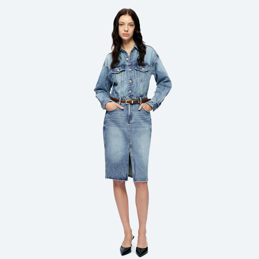 Long Sleeve Denim Shirt Dress(Finished Hem,Slit)-Dress-BAYEAS-XS-ISLAND-Urbanheer