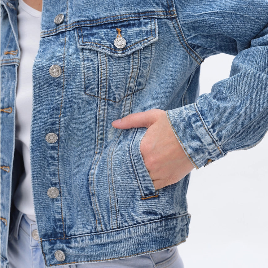 Long Sleeve Distressed Denim Jacket-Jacket-BAYEAS-XS-MERCY BLUE-Urbanheer