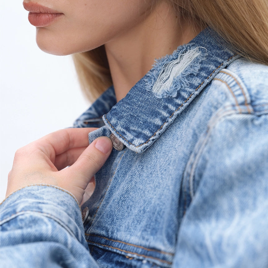 Long Sleeve Distressed Denim Jacket-Jacket-BAYEAS-XS-MERCY BLUE-Urbanheer