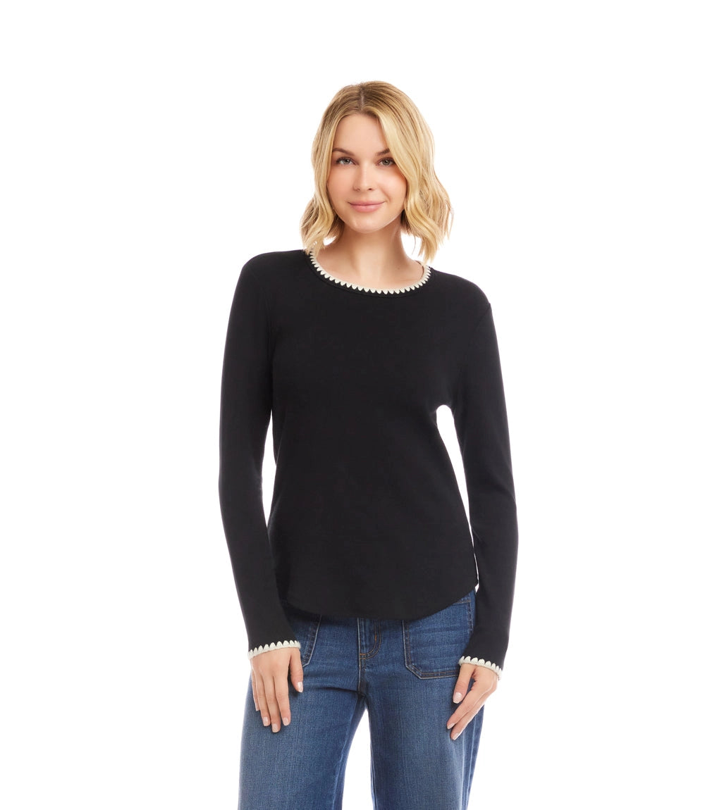 Long Sleeve Edge Stitch Crewneck Top in Black