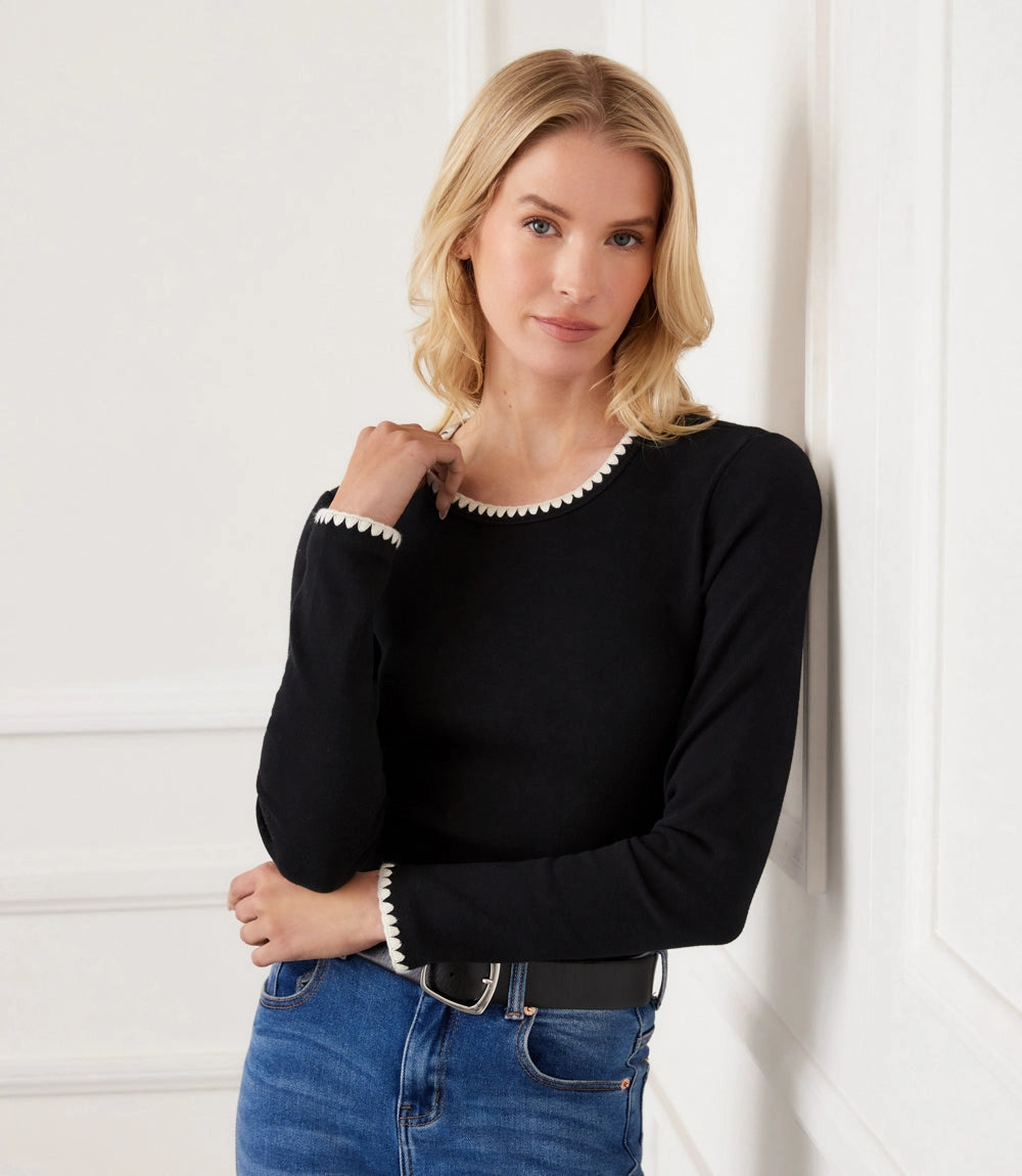 Long Sleeve Edge Stitch Crewneck Top in Black