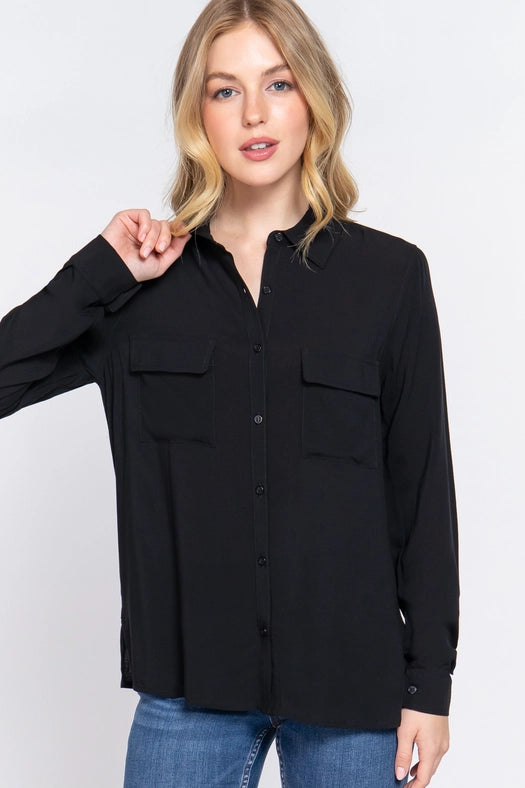 Long Sleeve Front Pocket Woven Shirt Black-Shirt-Active Basic | Active USA-S-Urbanheer