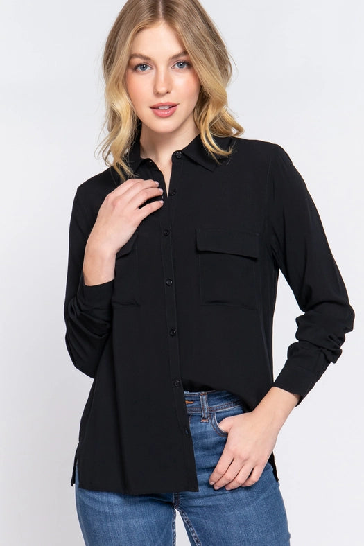 Long Sleeve Front Pocket Woven Shirt Black-Shirt-Active Basic | Active USA-S-Urbanheer