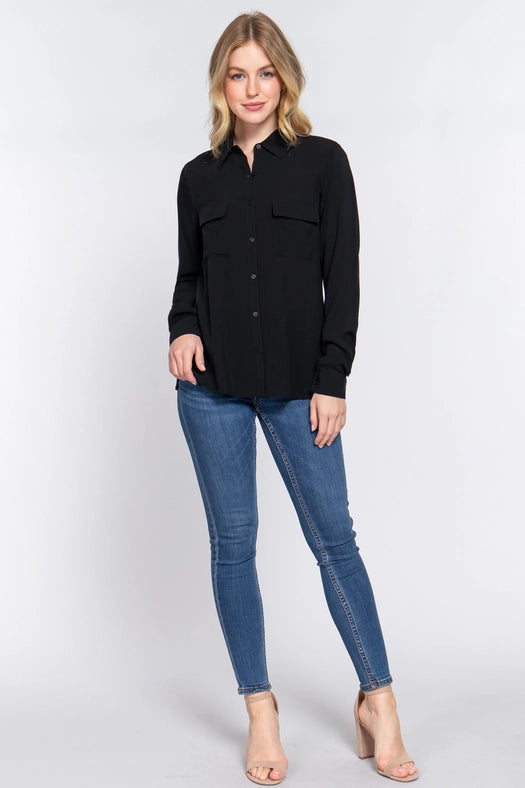 Long Sleeve Front Pocket Woven Shirt Black-Shirt-Active Basic | Active USA-S-Urbanheer