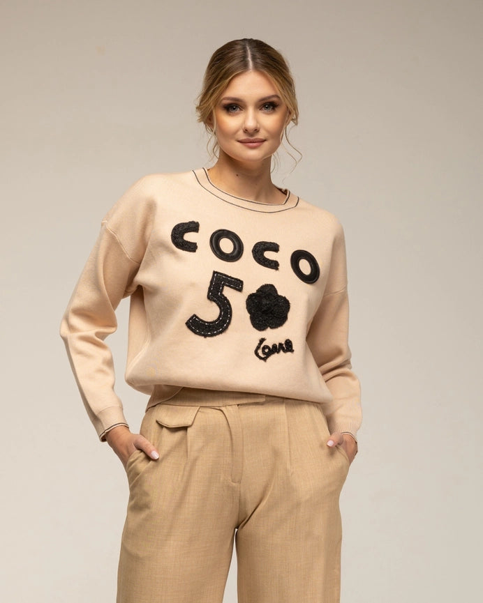 Long-Sleeve Knit Sweater with Letters BEIGE-Sweatshirt-Tantra-S-BEIGE-Urbanheer