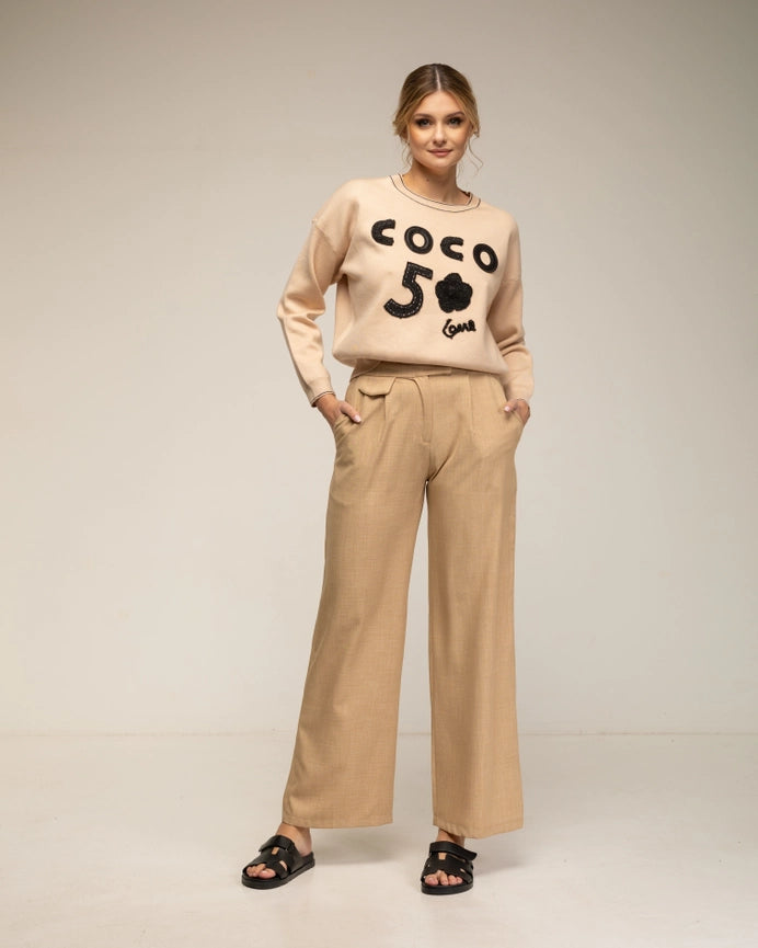 Long-Sleeve Knit Sweater with Letters BEIGE-Sweatshirt-Tantra-S-BEIGE-Urbanheer