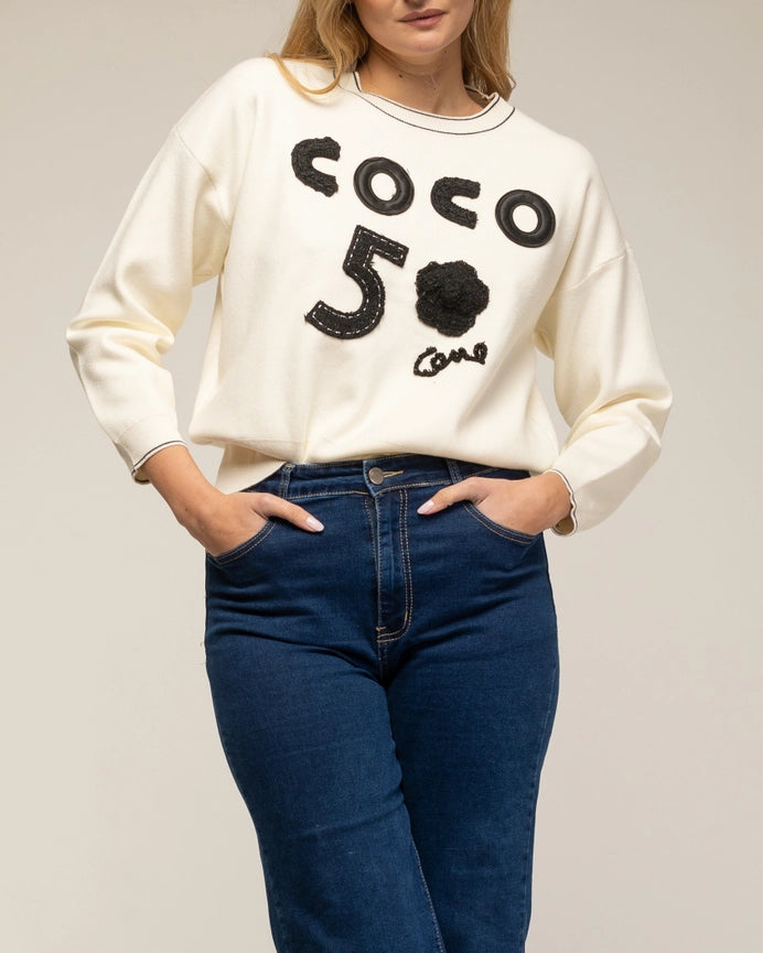 Long-Sleeve Knit Sweater with Letters WHITE-Sweatshirt-Tantra-S-WHITE-Urbanheer