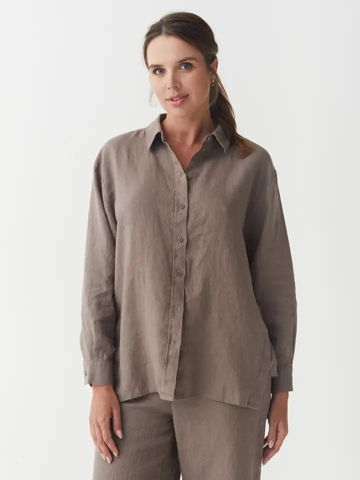 Long-Sleeve Linen Shirt Islay in Deep Taupe-Shirt-MagicLinen-XS-Deep Taupe-Urbanheer