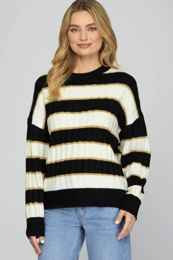 Long Sleeve Lurex Detail Striped Sweater-Sweater-Peace Love Line-S-BLACK-Urbanheer