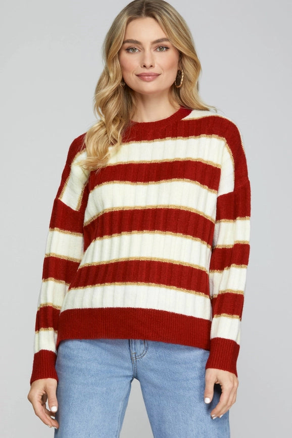 Long Sleeve Lurex Detail Striped Sweater-Sweater-Peace Love Line-S-RED-Urbanheer