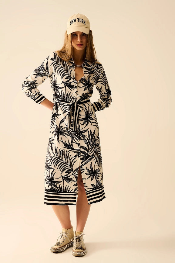Long Sleeve Midi Dress in Tropical Motif in Black and White-Dress-Q2-L-BLACK-Urbanheer