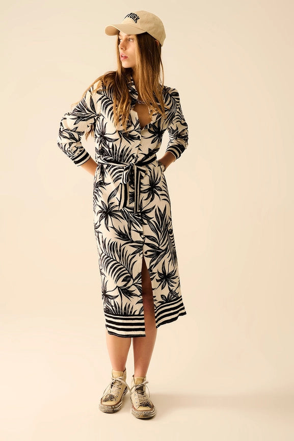 Long Sleeve Midi Dress in Tropical Motif in Black and White-Dress-Q2-L-BLACK-Urbanheer
