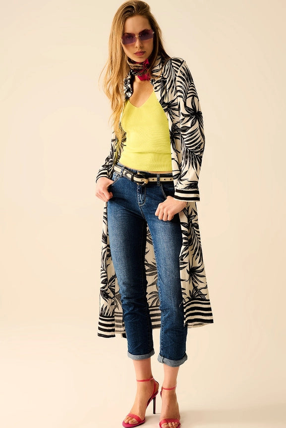 Long Sleeve Midi Dress in Tropical Motif in Black and White-Dress-Q2-L-BLACK-Urbanheer