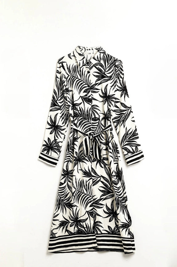 Long Sleeve Midi Dress in Tropical Motif in Black and White-Dress-Q2-L-BLACK-Urbanheer