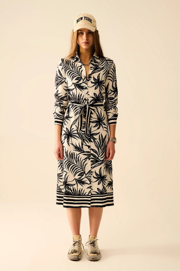 Long Sleeve Midi Dress in Tropical Motif in Black and White-Dress-Q2-L-BLACK-Urbanheer