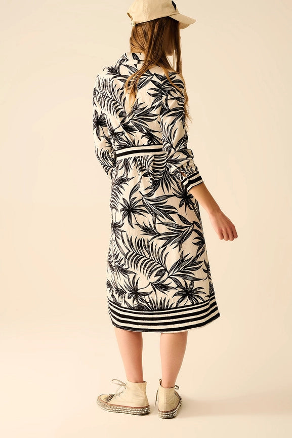 Long Sleeve Midi Dress in Tropical Motif in Black and White-Dress-Q2-L-BLACK-Urbanheer