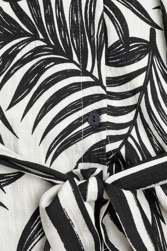 Long Sleeve Midi Dress in Tropical Motif in Black and White-Dress-Q2-L-BLACK-Urbanheer