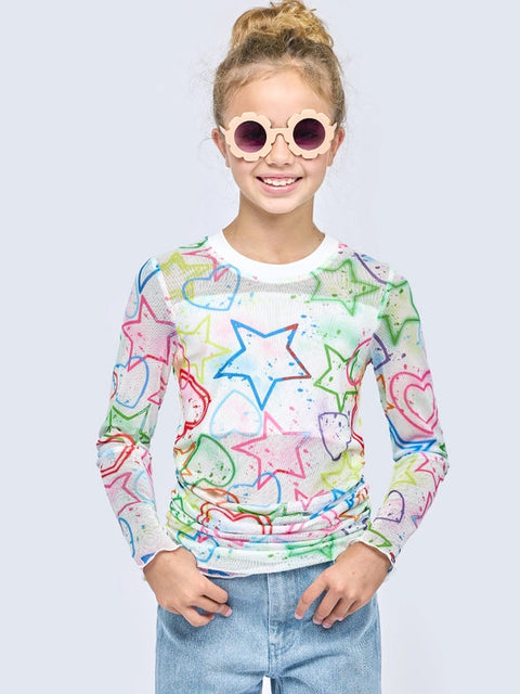 Long Sleeve Printed Mesh Top-Top-Hannah Banana-4-WHITEMULTI-Urbanheer