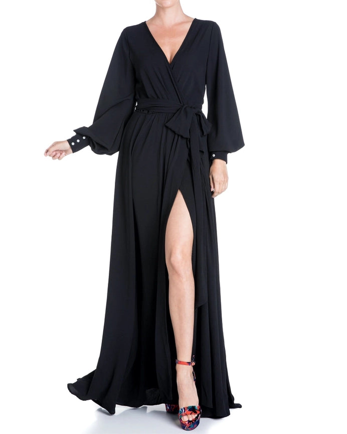 Long Sleeve Retro Inspired Maxi Dress with Front Slit-Dress-Meghan Fabulous-S-Black-Urbanheer