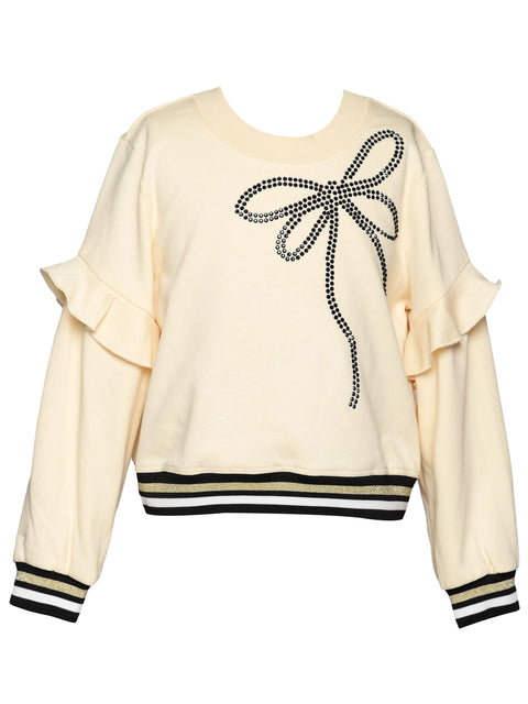 Long Sleeve Ruffle Top w/ Contrast Rhinestone Bow Detail