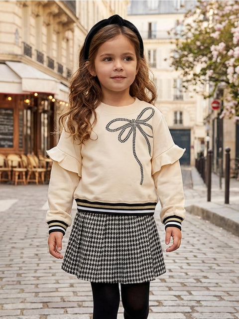 Long Sleeve Ruffle Top w/ Contrast Rhinestone Bow Detail