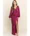 Long Sleeve Satin V Neck Wrap Maxi Dress | Berry