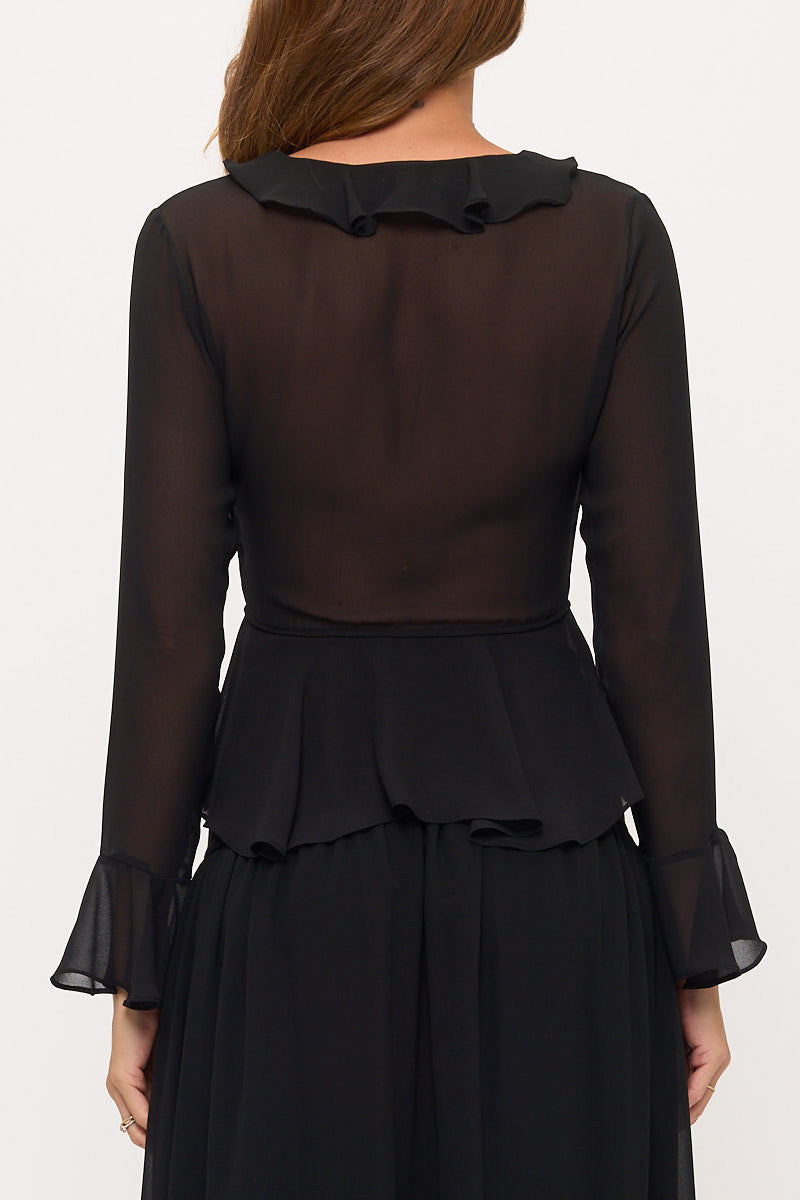 Long Sleeve Sheer Ruffle Blouse-2