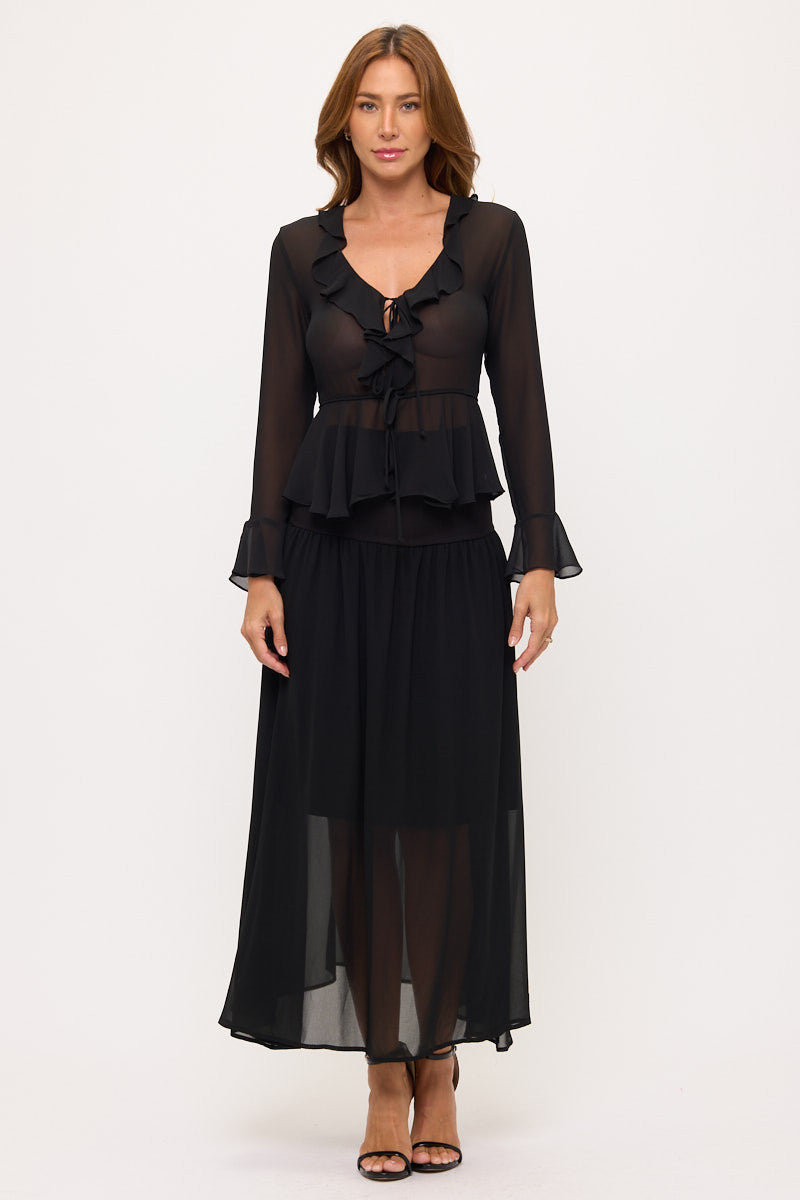 Long Sleeve Sheer Ruffle Blouse-3