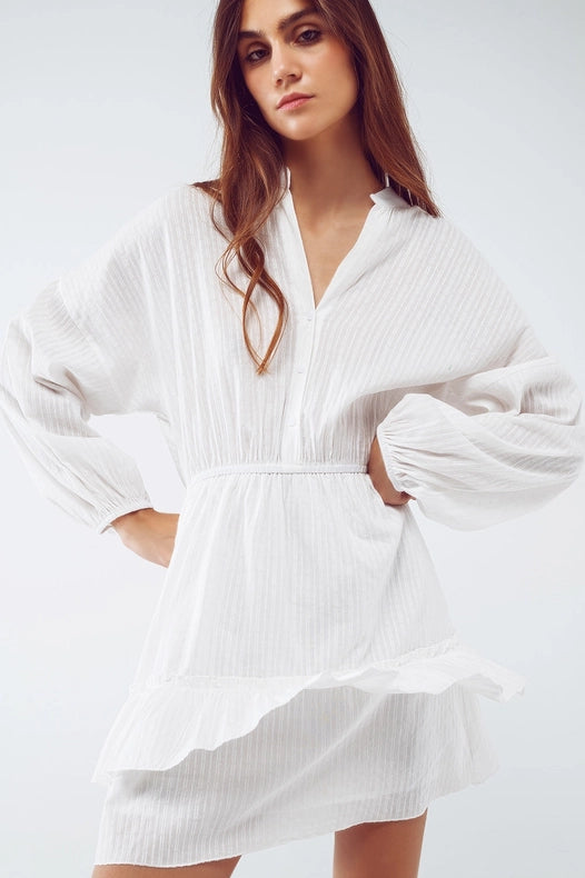 Long Sleeve Skater Textured Short Dress In White-Dress-Q2-L-White-Urbanheer