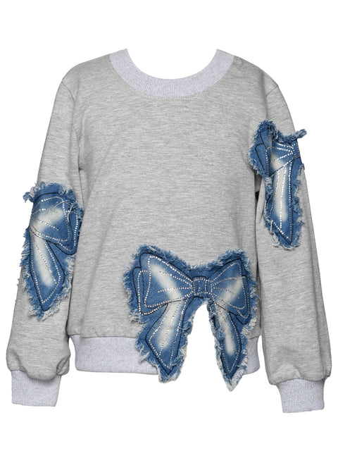 Long Sleeve Top w/ Denim Bow Patch Detail
