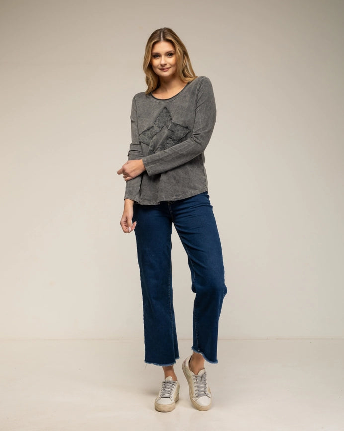 Long-Sleeve Top with A Round Neck and Star Embroidery BLACK-Top-Tantra-S-BLACK-Urbanheer