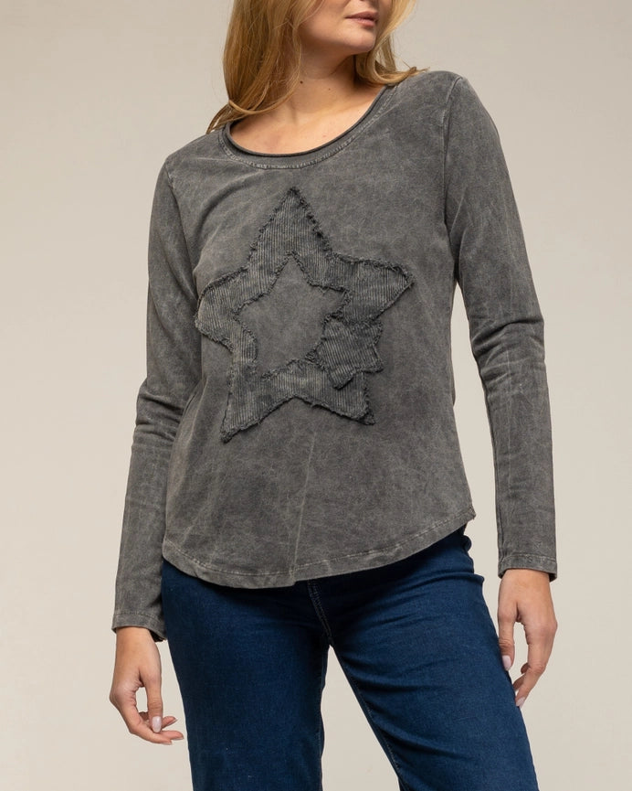 Long-Sleeve Top with A Round Neck and Star Embroidery BLACK-Top-Tantra-S-BLACK-Urbanheer